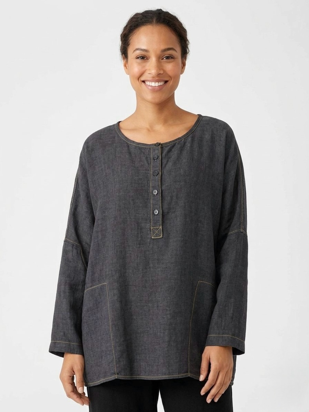Eileen Fisher Oversized 100% Linen Henley Boxy Tunic Top Dark Navy Blue, Size M